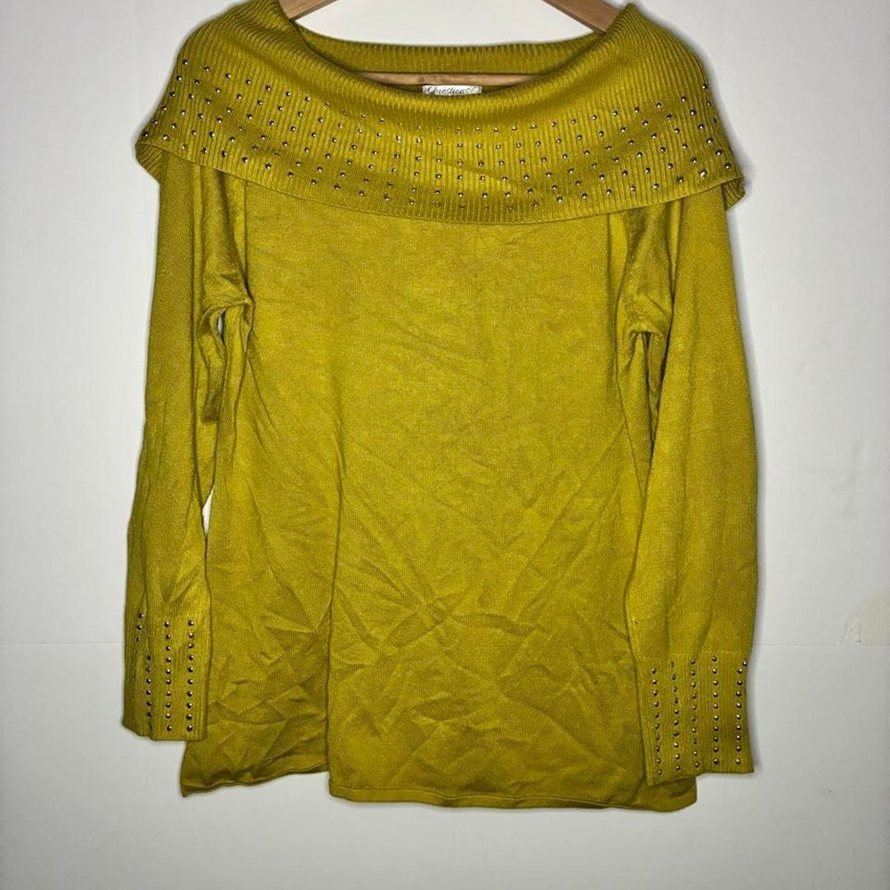 Questions? Women's XL Green Off Shoulder Sweater with Rhinestone Detailing